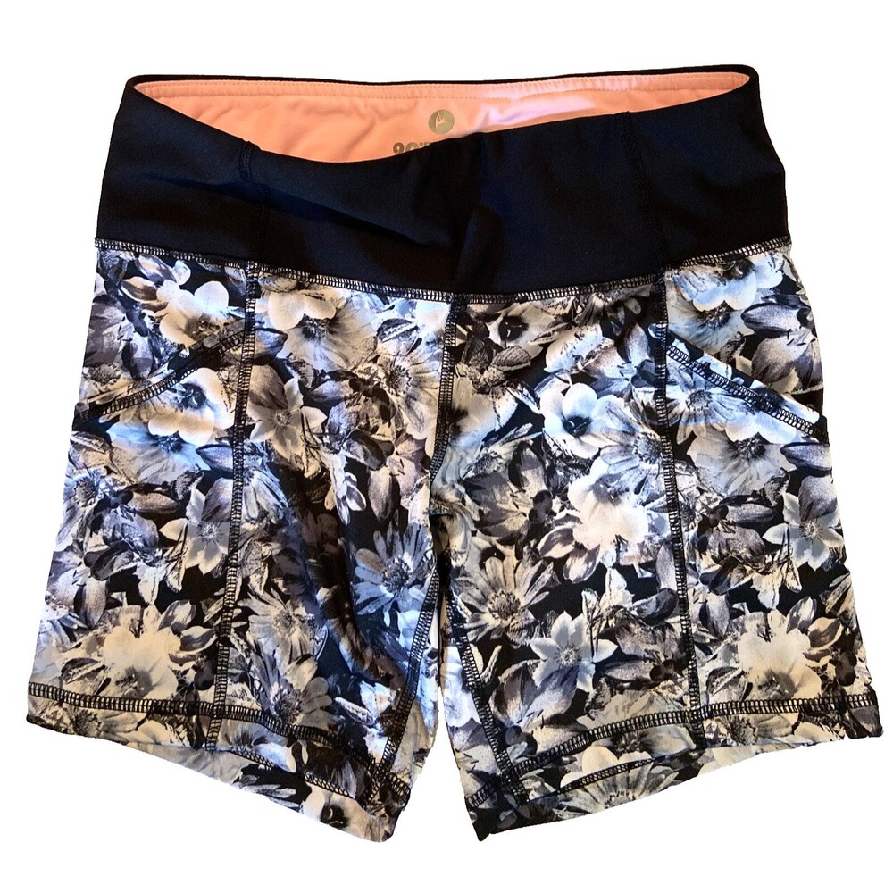 90 Degree by Reflex Black White Floral Pull On Athletic Yoga Workout Short, S